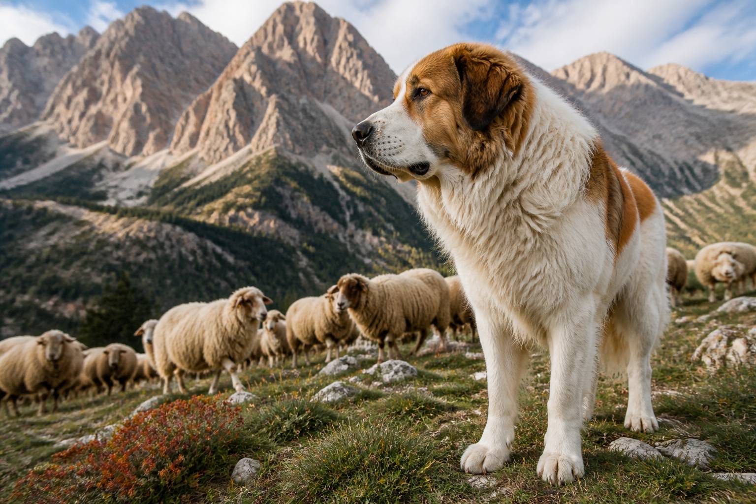 Grand chien de montagne blanc et brun près d'un troupeau