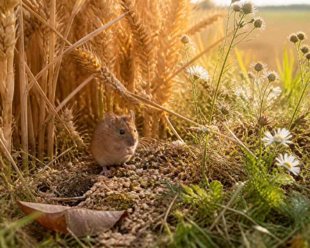 Mulot des champs au pelage brun roux assis dans l'herbe au bord d'un champ avec des épis de blé et des graines