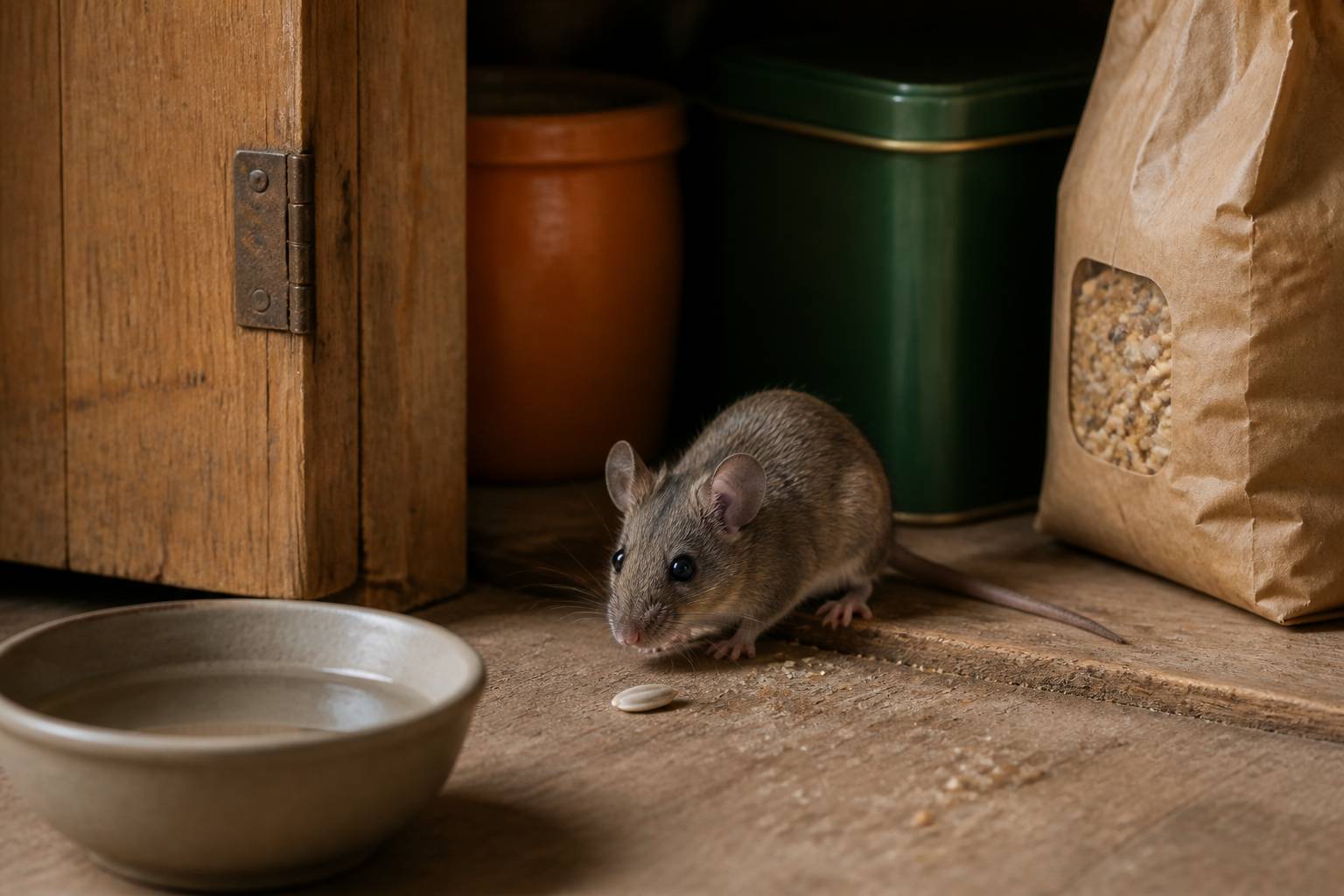 Mulot grisâtre près d'un garde-manger en bois dans une maison avec miettes, graine et bol d'eau