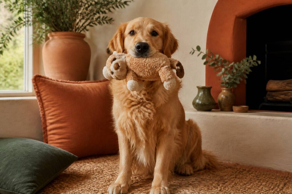 Chien au pelage doré assis avec un jouet en peluche dans la gueule, ambiance chaleureuse