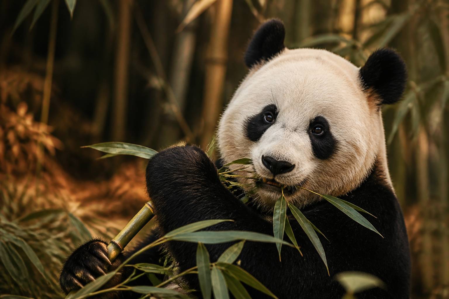 Panda géant mâchant une tige de bambou avec son pelage en gros plan