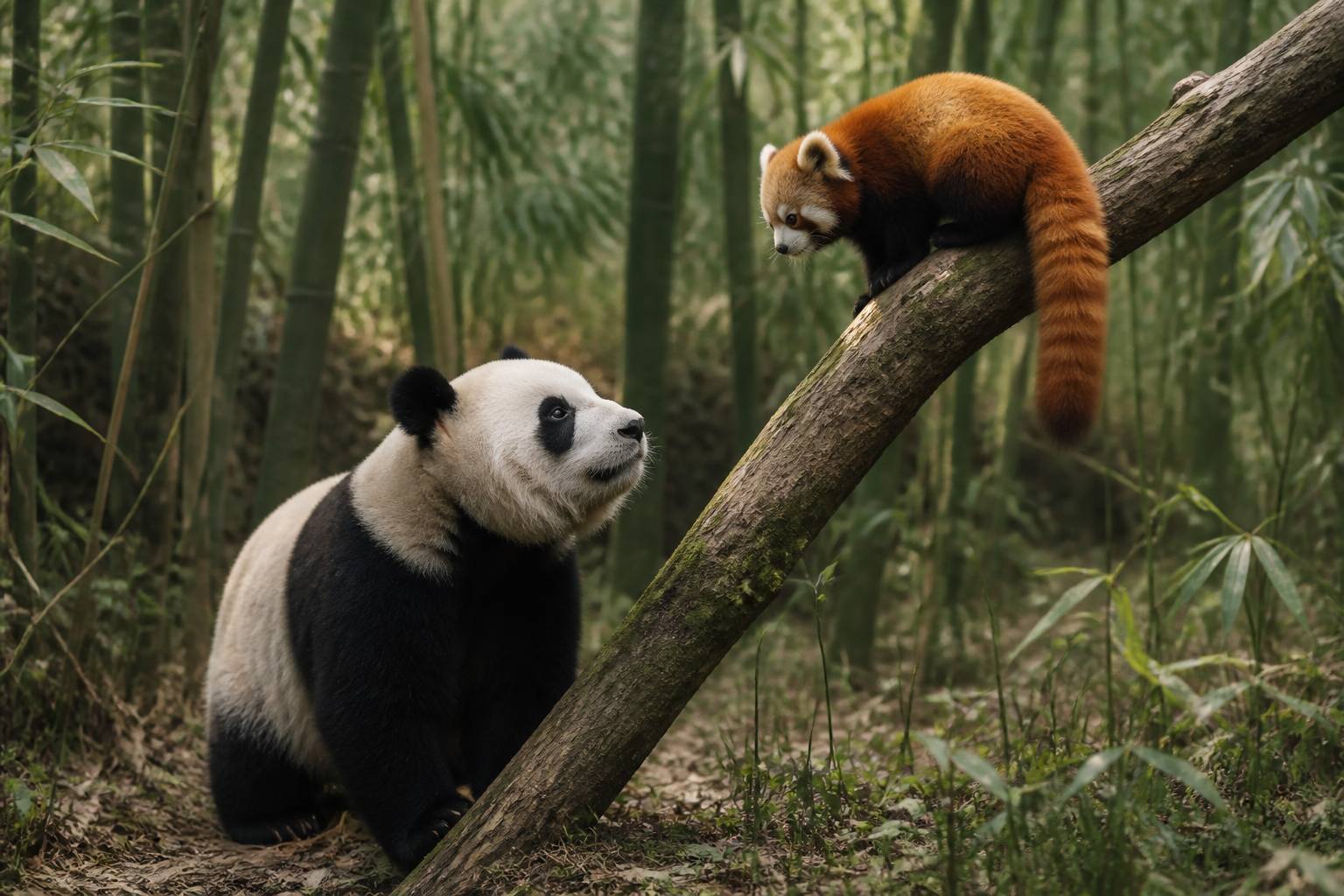 Panda géant et petit panda roux côte à côte dans une clairière