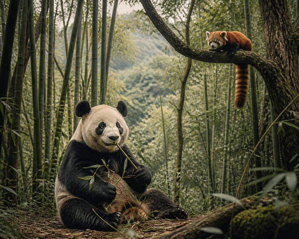 Panda géant et petit panda roux dans une forêt de bambous