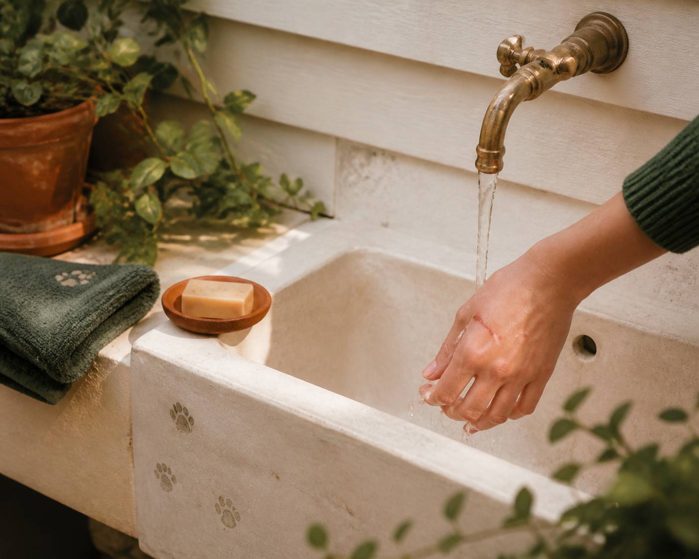 Main lavée sous un filet d'eau avec un savon à côté