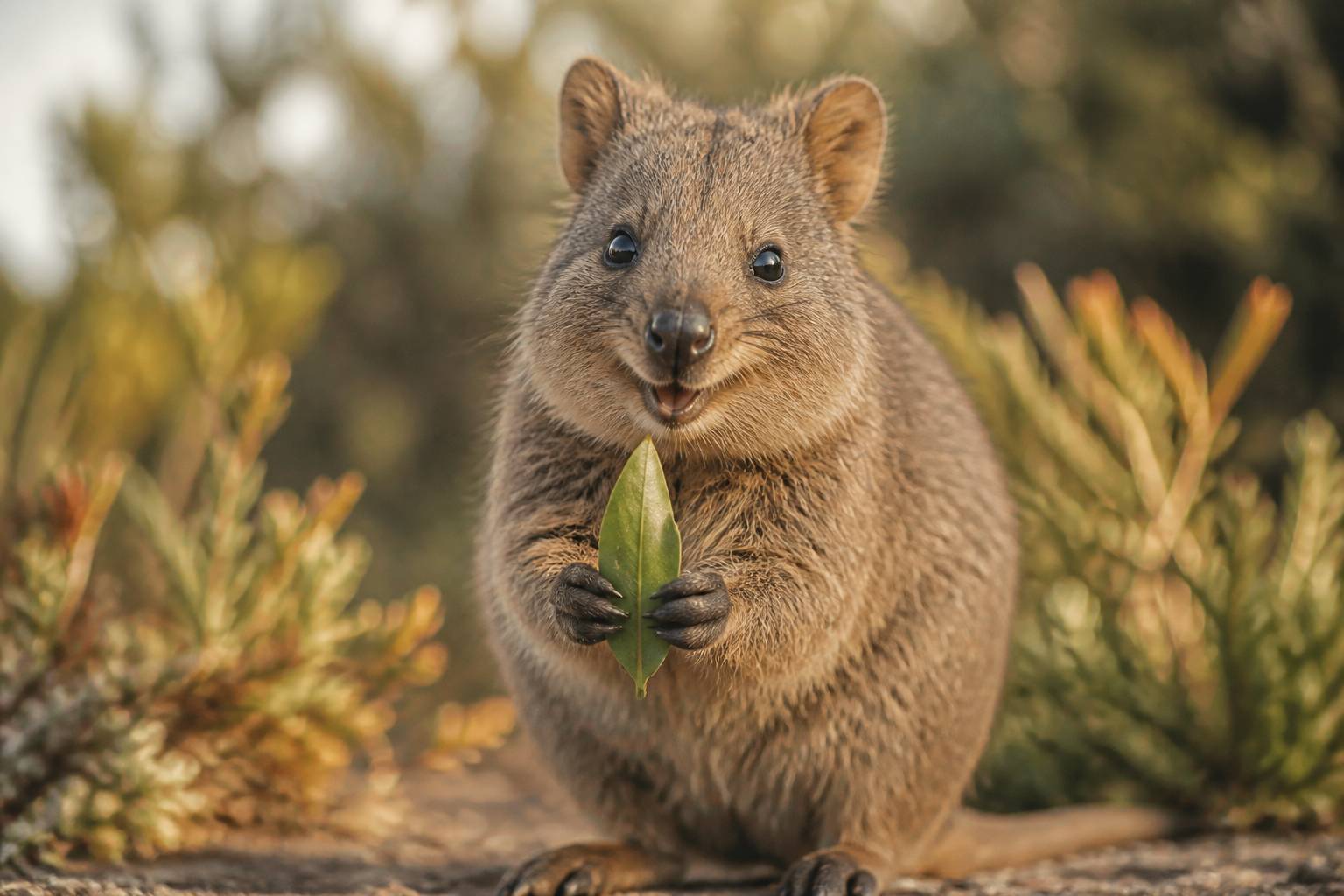 Gros plan d'un quokka tenant une feuille entre ses pattes