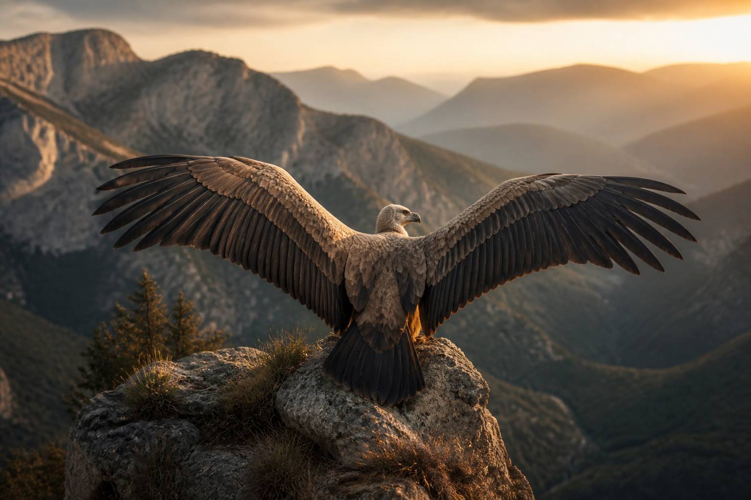 Grand rapace aux ailes déployées perché sur un rocher au-dessus d'une vallée