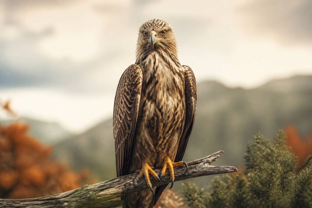 Aquila posata su un ramo in un paesaggio aperto
