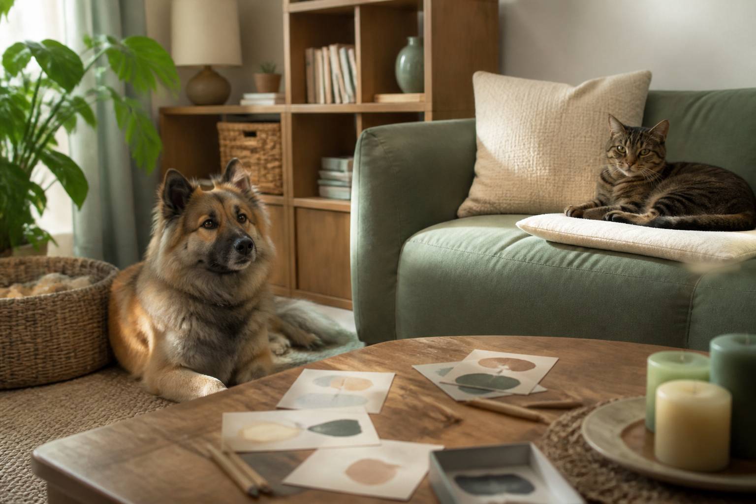 Chien Eurasier et chat European Shorthair dans un salon chaleureux