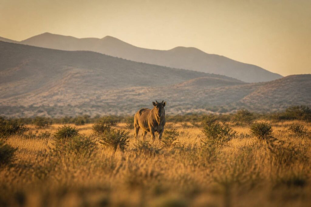 Plaine de savane dorée au lever du jour avec un grand herbivore rare