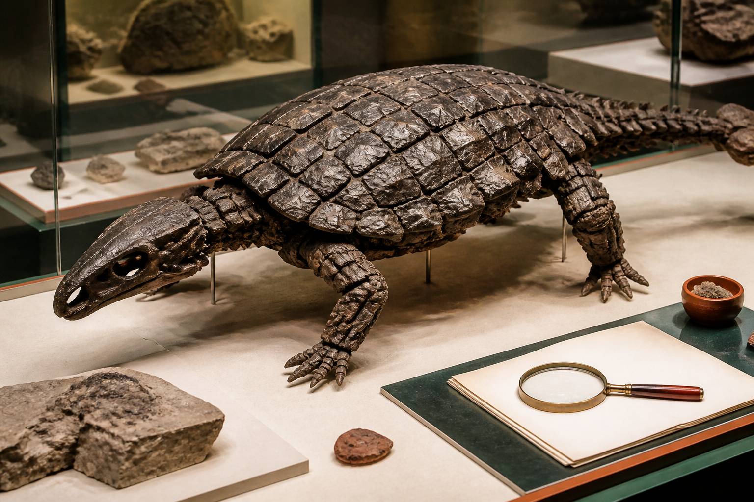Squelette fossilisé de reptile cuirassé avec plaques osseuses en mosaïque exposé dans un musée