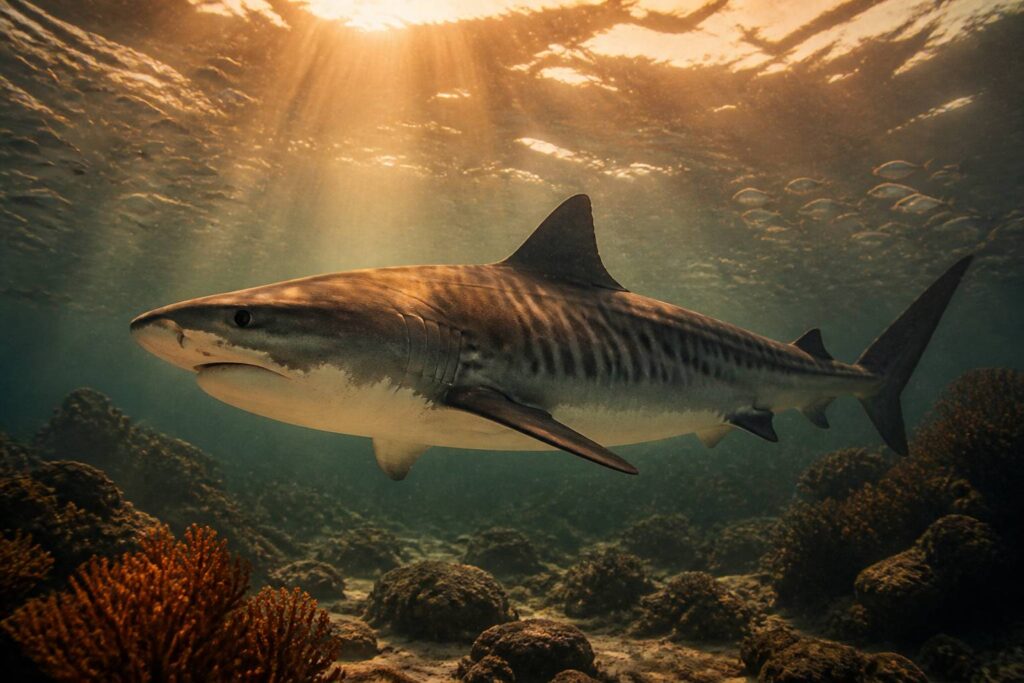 Requin tigre nageant dans une eau tropicale claire