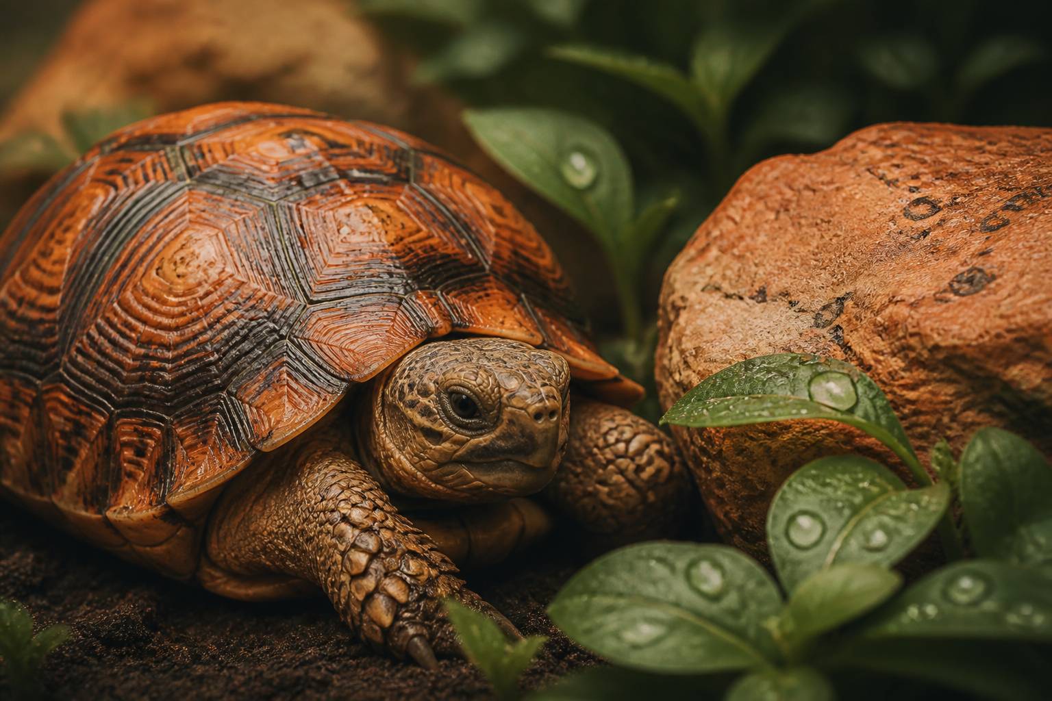 Tortue terrestre en gros plan avec carapace aux motifs géométriques sur un rocher entouré de verdure