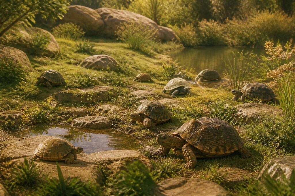 Plusieurs tortues de tailles et couleurs variées dans une prairie avec rochers et étang ensoleillé