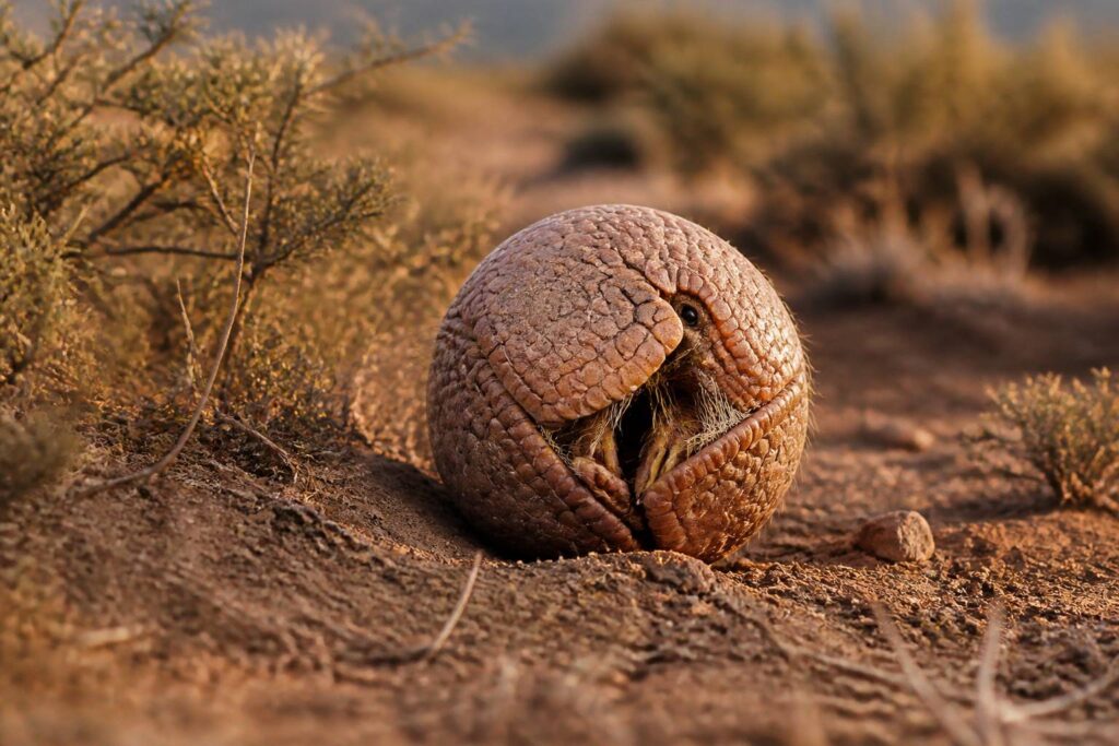 Tatou à trois bandes roulé en boule dans un paysage aride ensoleillé