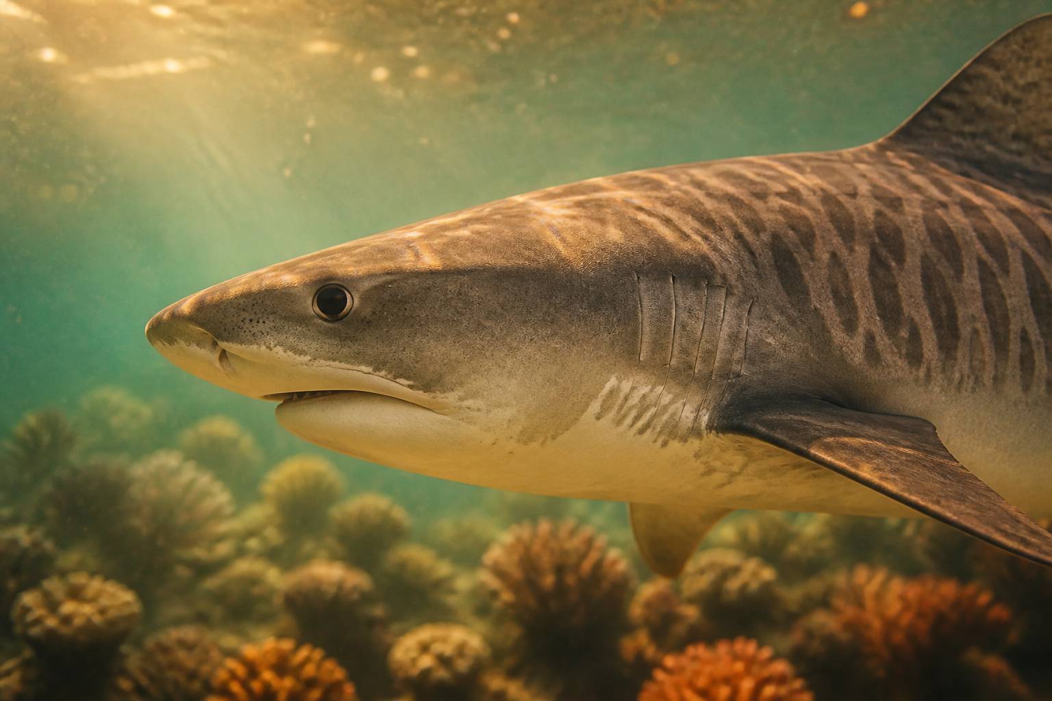Tête de requin tigre de profil dans une eau turquoise