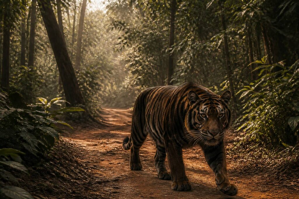 Tigre du Bengale au pelage très sombre marchant dans une forêt indienne