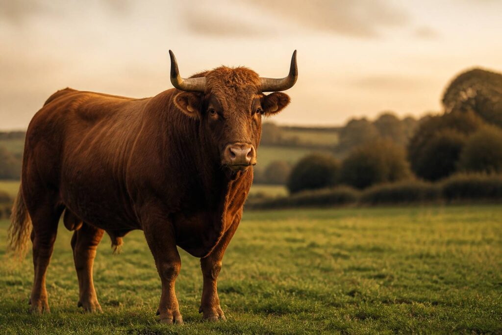 Taureau robuste aux cornes épaisses dans un pré verdoyant à la campagne sous une lumière dorée