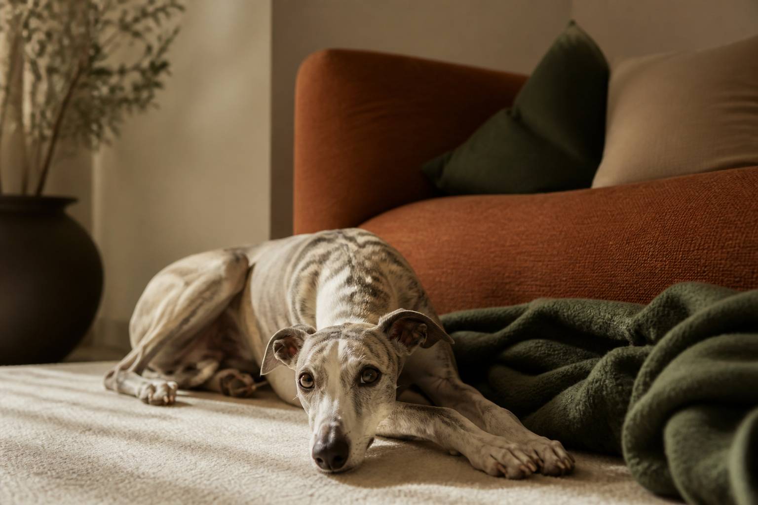 Whippet sdraiato vicino al divano con una coperta morbida
