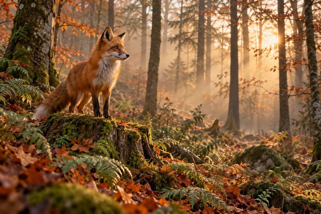 Renard roux aux aguets sur une souche dans un sous-bois