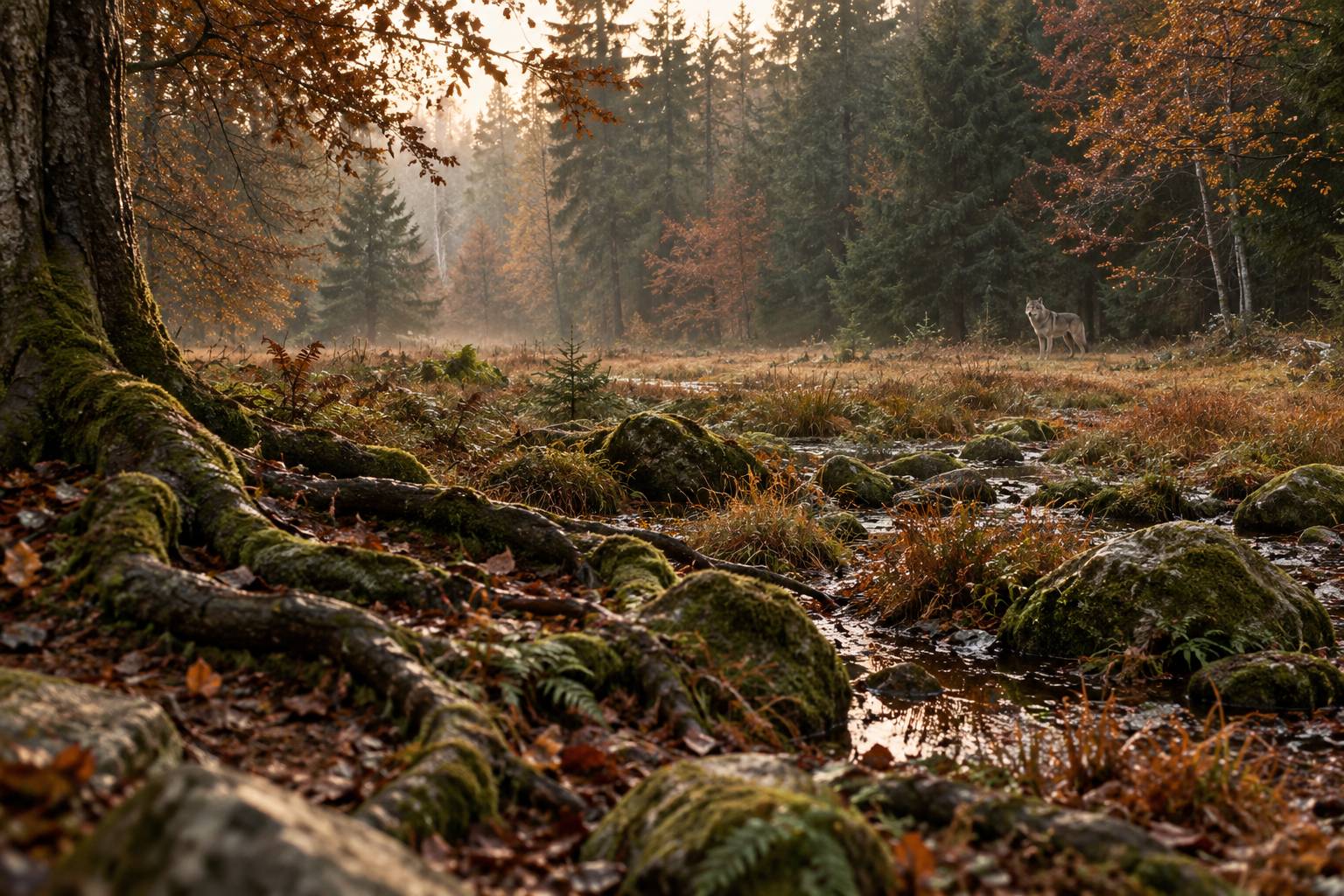 Loup gris au bord d'une clairiere forestiere dans un sous-bois humide