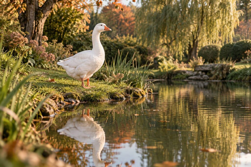 Grande oie blanche au bord d'un étang sur une pelouse