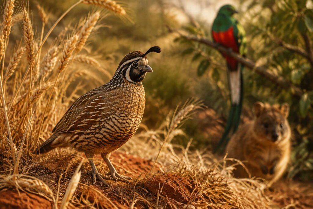 Caille dans un champ de blé avec quetzal coloré perché et quokka évoqués en arrière-plan
