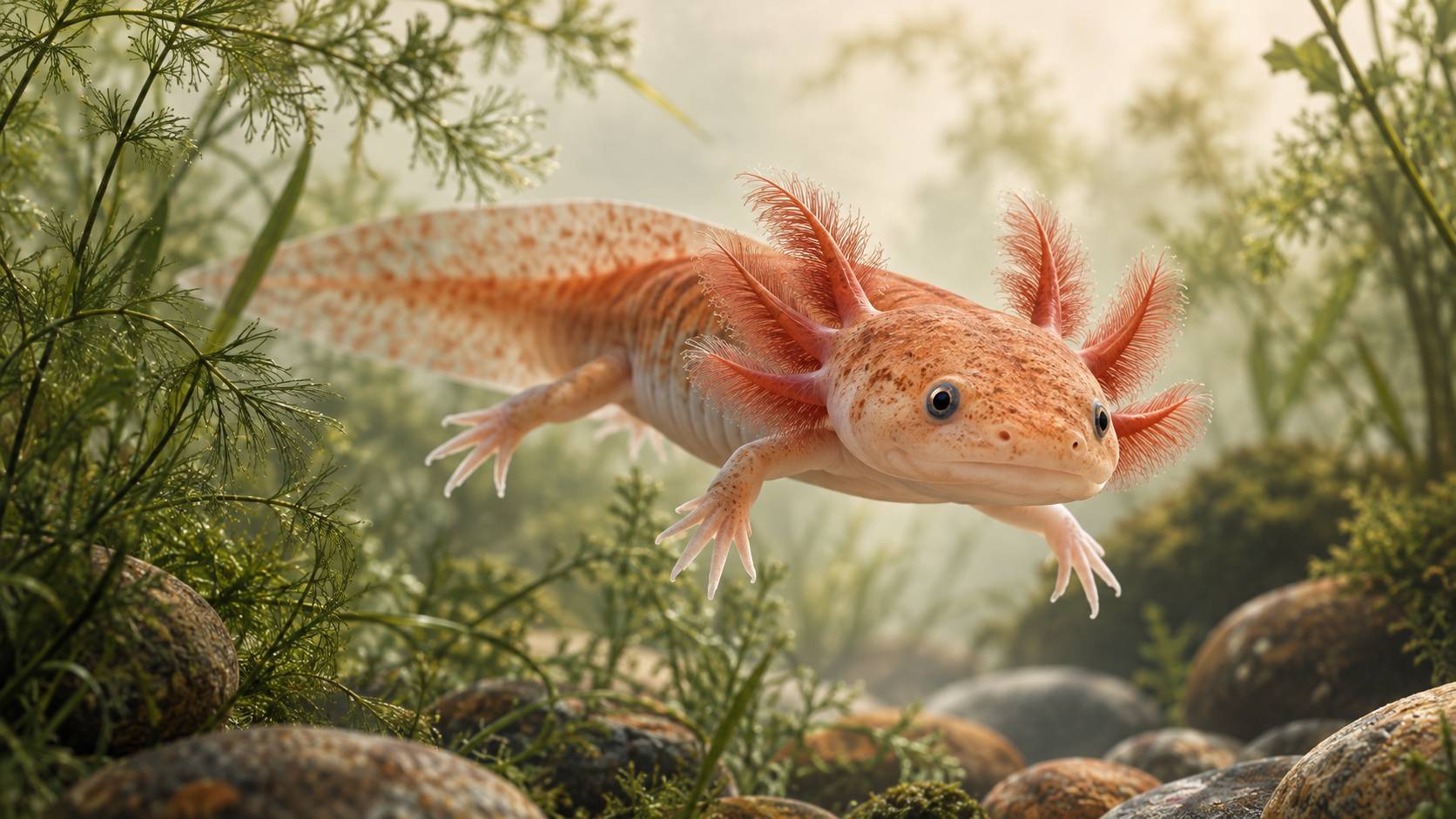 Axolotl dans une eau claire entre des plantes aquatiques