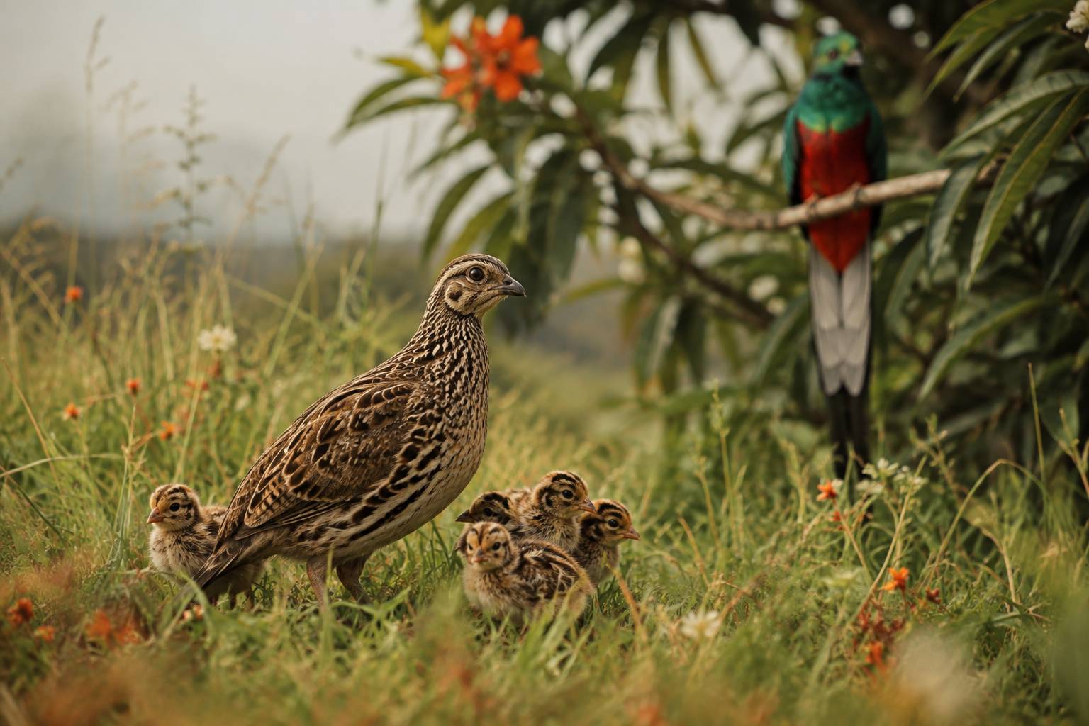 Caille avec ses poussins dans l'herbe et quetzal perché sur une branche en arrière-plan