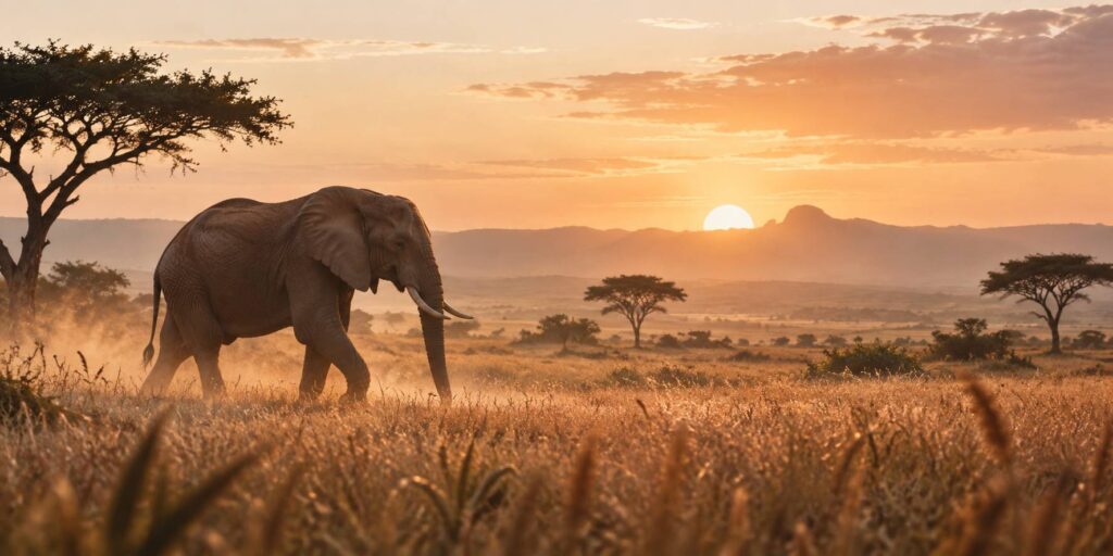 Grand elephant marchant dans les herbes hautes d'une savane au lever du jour