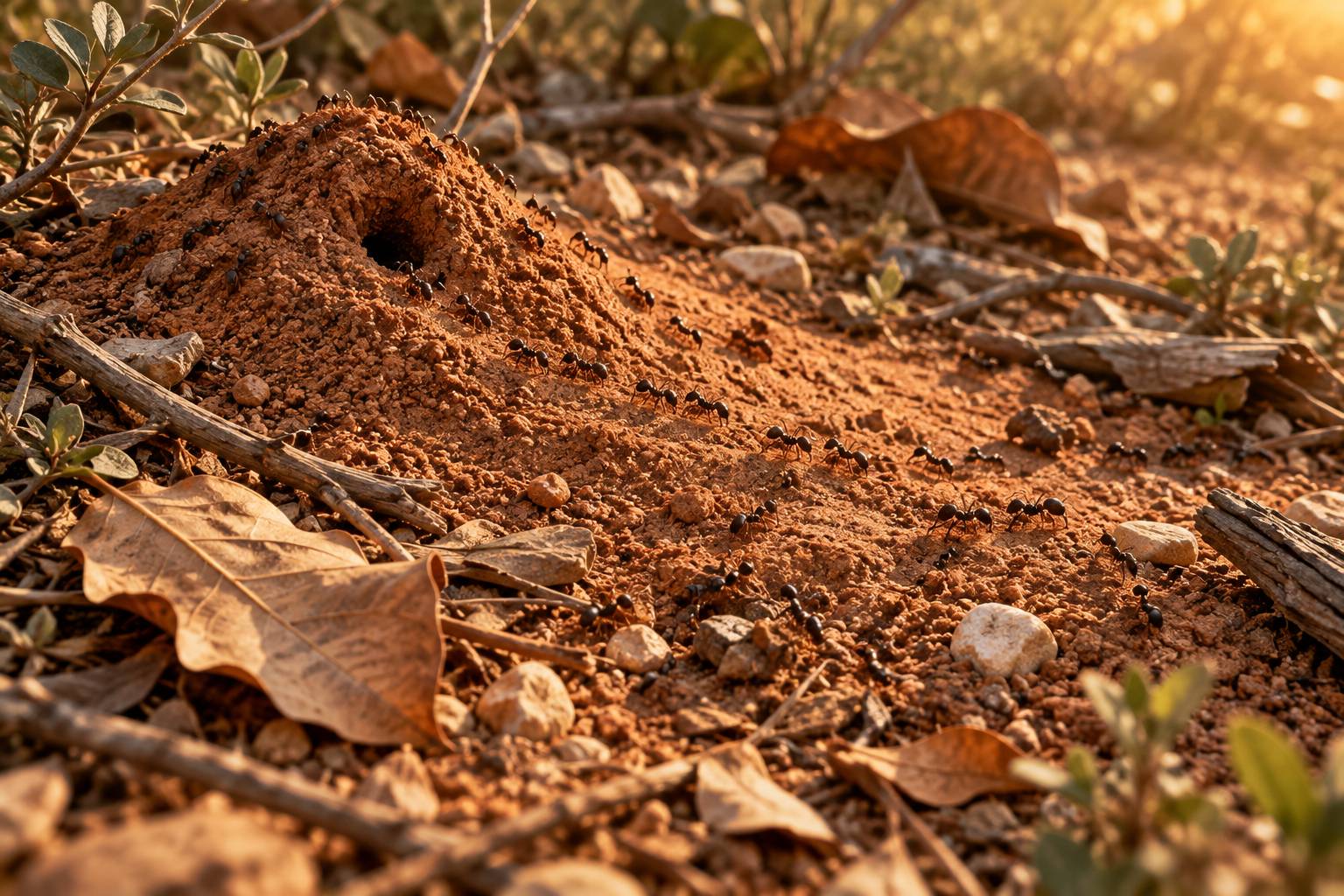 Insectes en file sur une fourmiliere au sol avec brindilles
