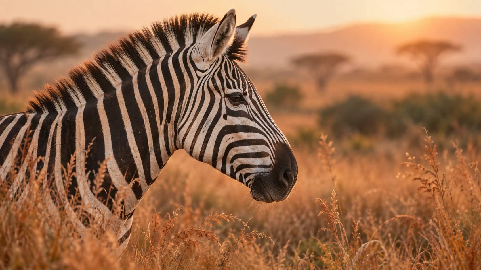 Zebre de profil dans les herbes seches de la savane