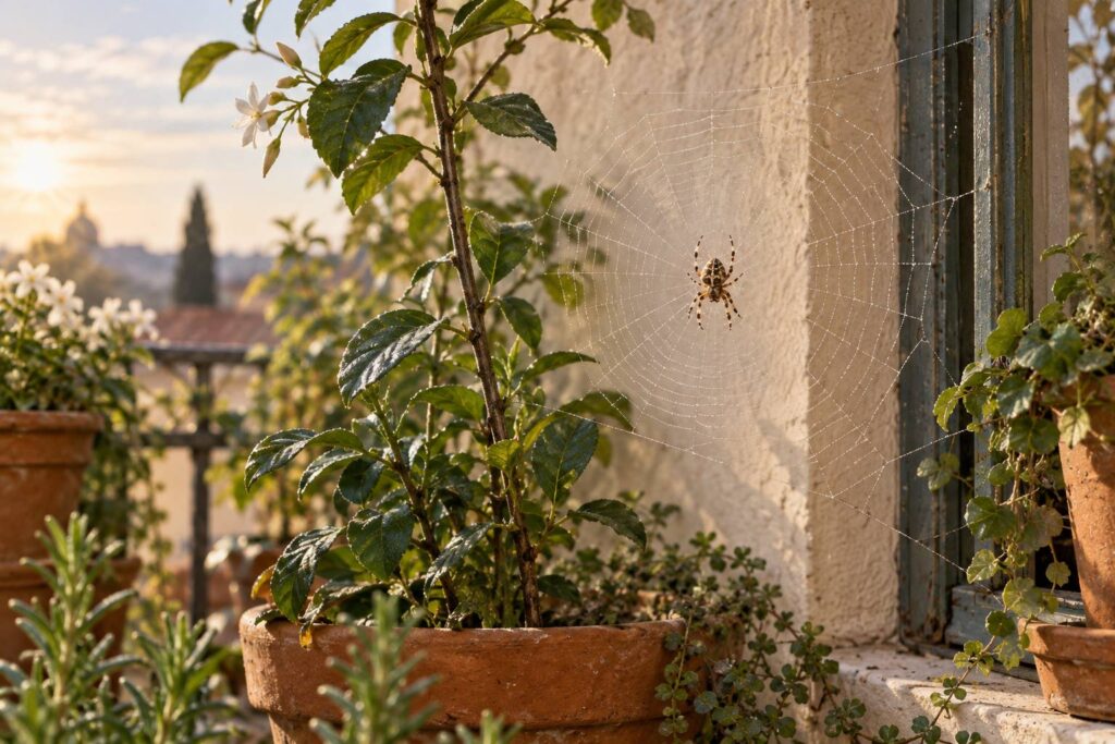 Illustration éditoriale du sujet : Araneus diadematus: il misterioso ragno crociato e il suo affascinante intreccio di fili