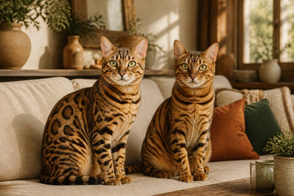 Chat Bengal tacheté et chat Toyger rayé assis sur un canapé en lin
