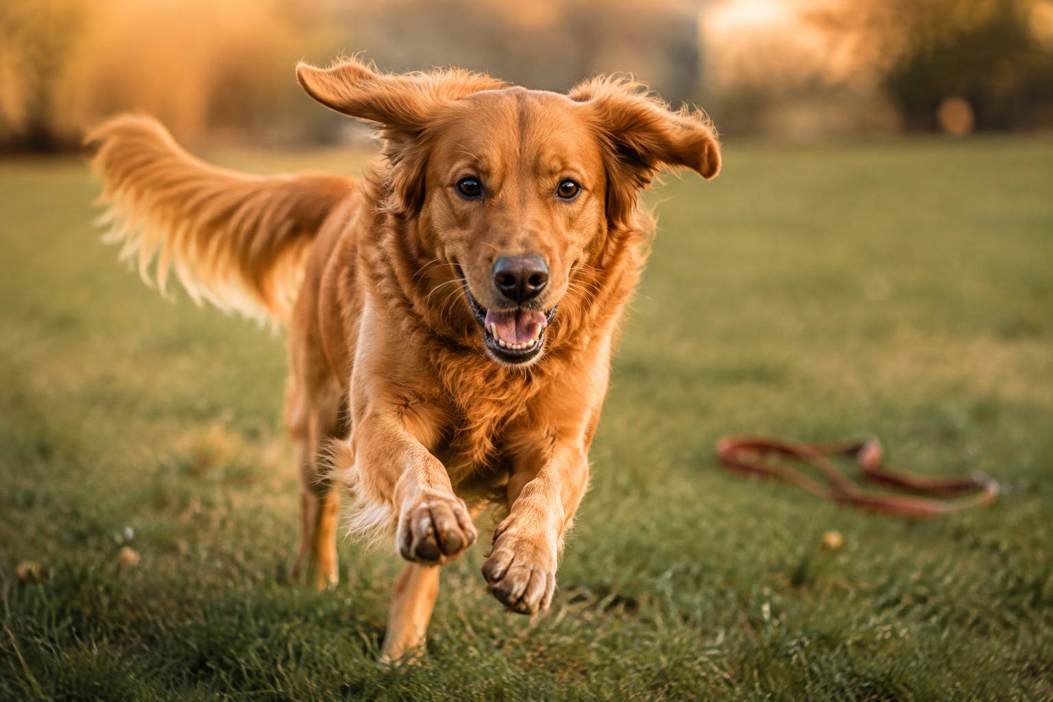 Primo piano di un cane in corsa sull'erba durante lo sgambamento con la luce del tramonto