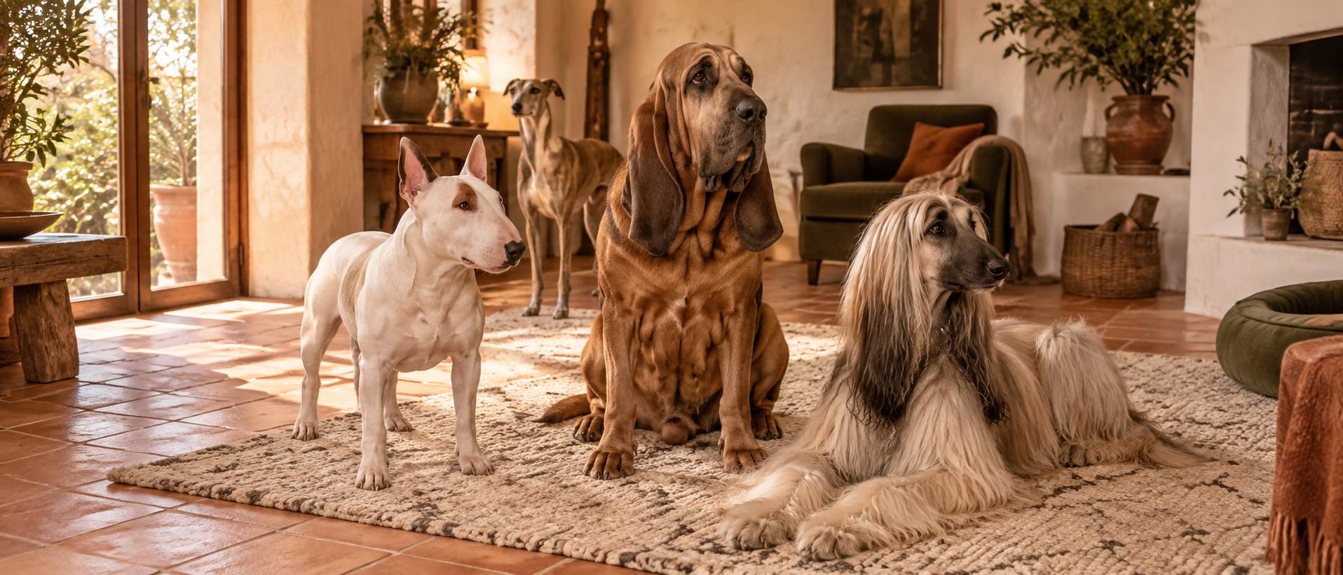 Illustration éditoriale du sujet : Cani dal muso allungato: un viaggio dal Bull Terrier fino al maestoso Levriero Afgano