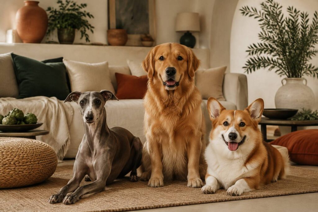Whippet, golden retriever et corgi réunis dans un salon cosy aux tons crème