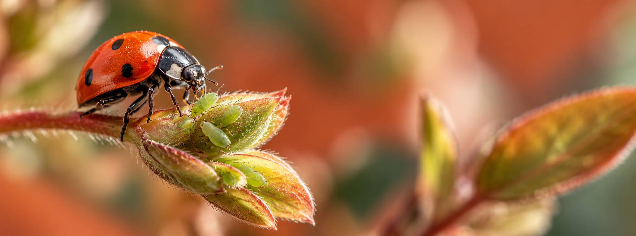 Coccinelle sur une tige pres d'un bourgeon couvert de pucerons