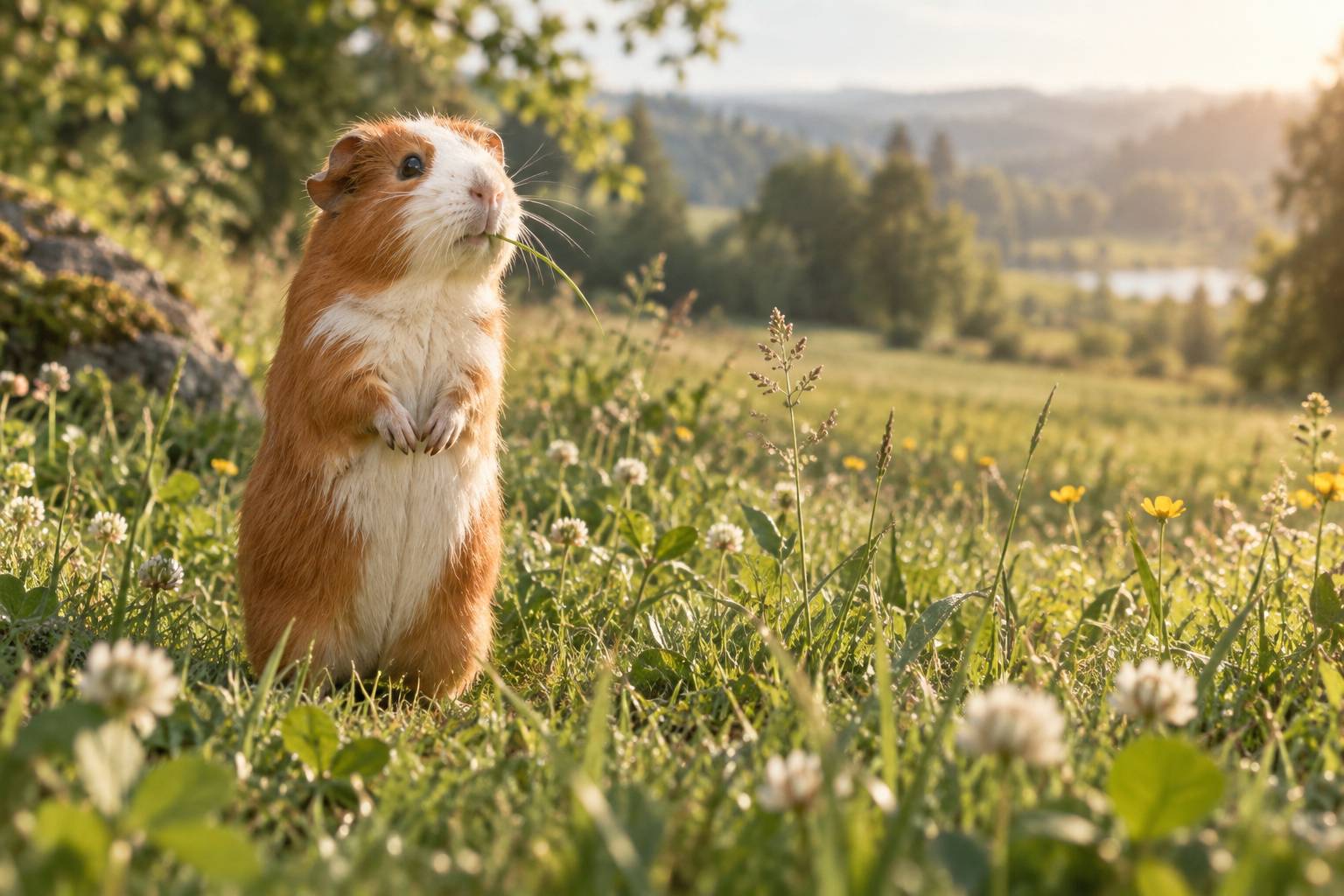 Cochon d'Inde roux et blanc dressé dans l'herbe d'une clairière ensoleillée