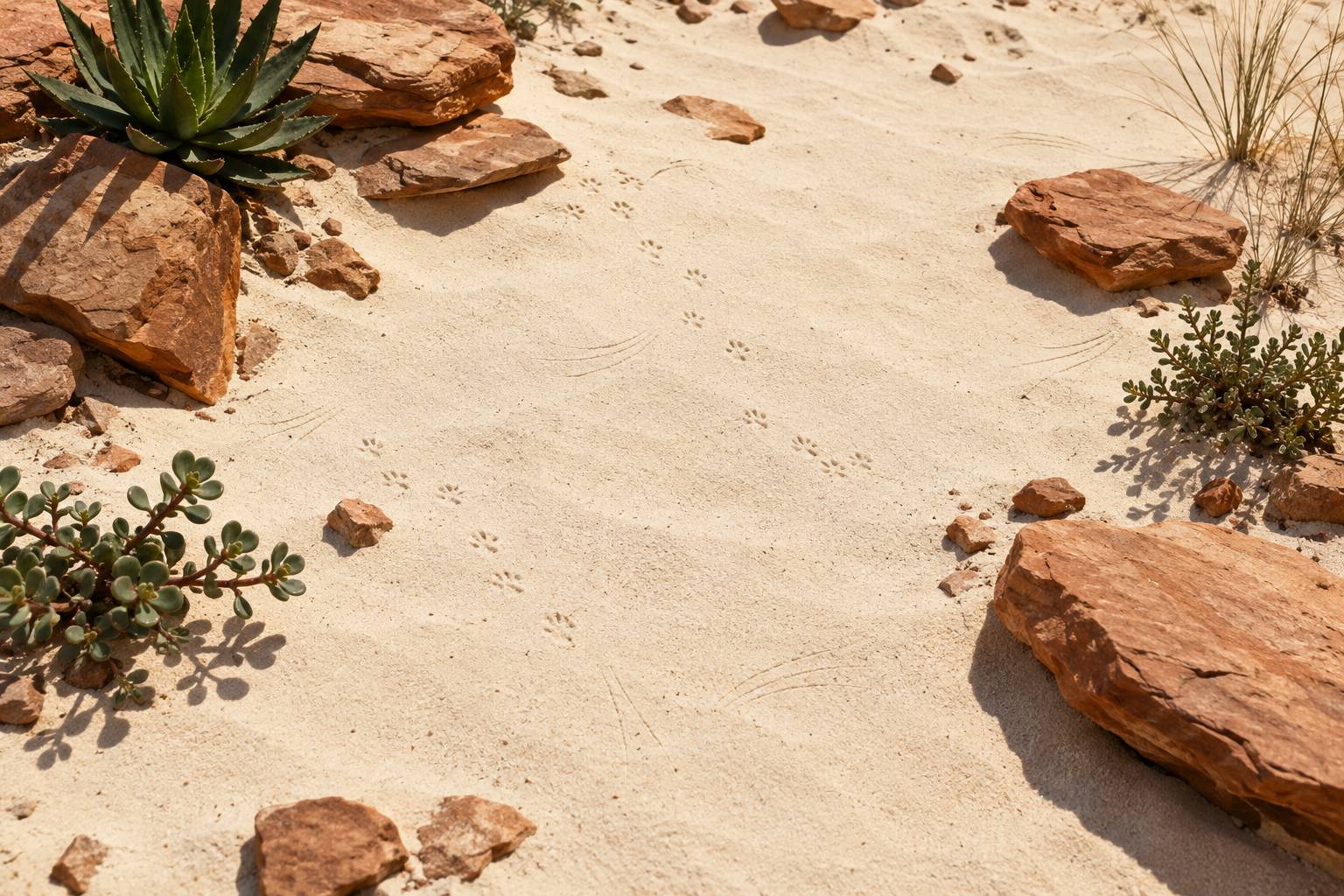 Traces et pierres plates dans le sable d'un biotope desertique