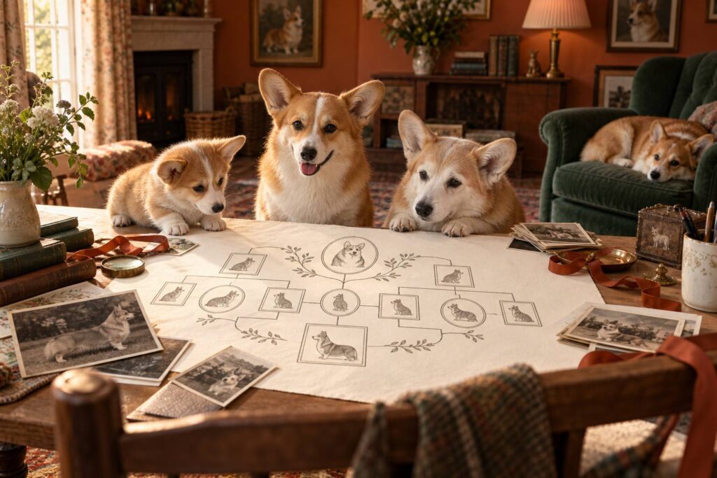 Illustration éditoriale du sujet : Da Susan a Willow: il viaggio genealogico dei Corgi della regina Elisabetta II