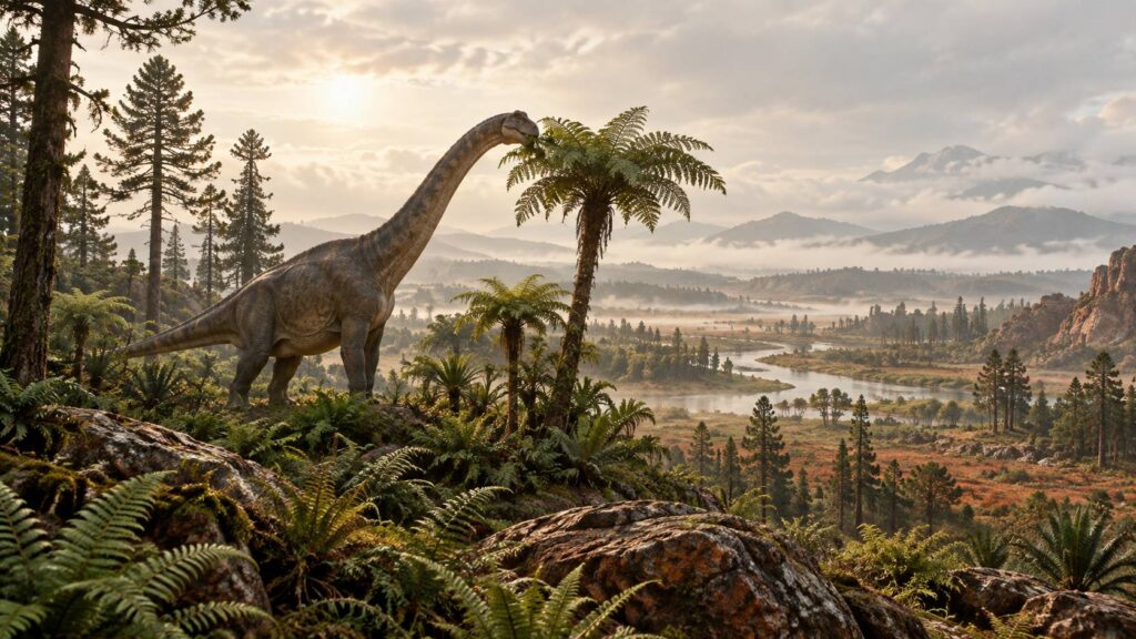 Grand sauropode au long cou dans une plaine préhistorique de fougères