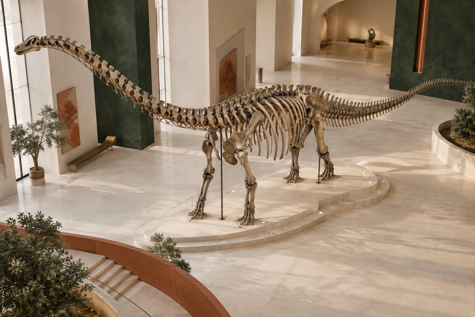 Squelette reconstitué d'un grand dinosaure sur une armature claire