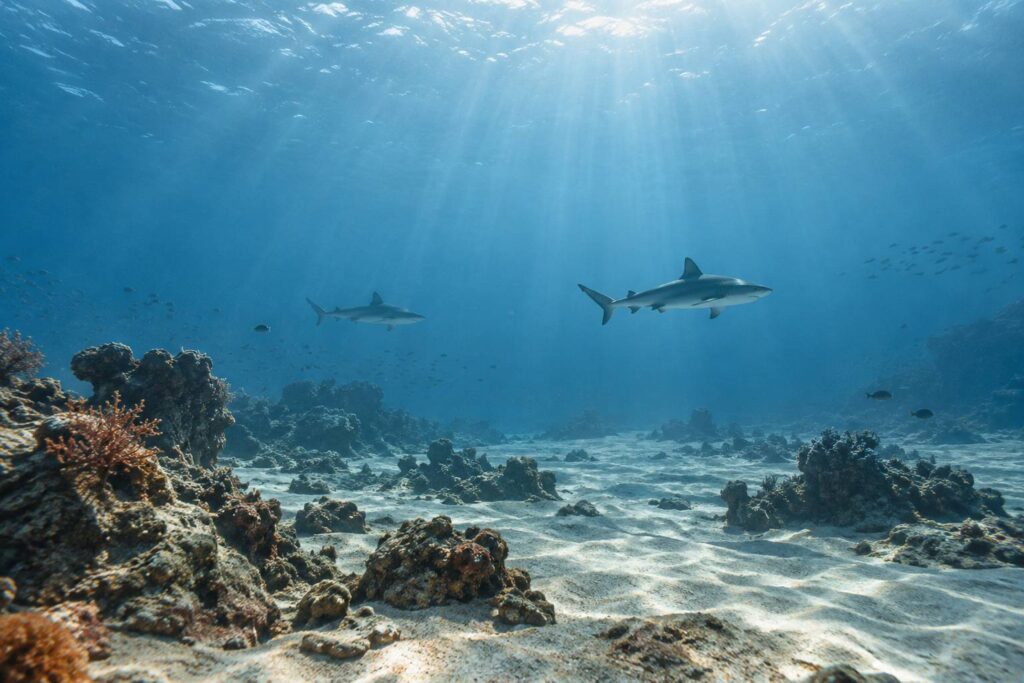Deux requins de recif nageant dans une eau bleue claire au-dessus du sable