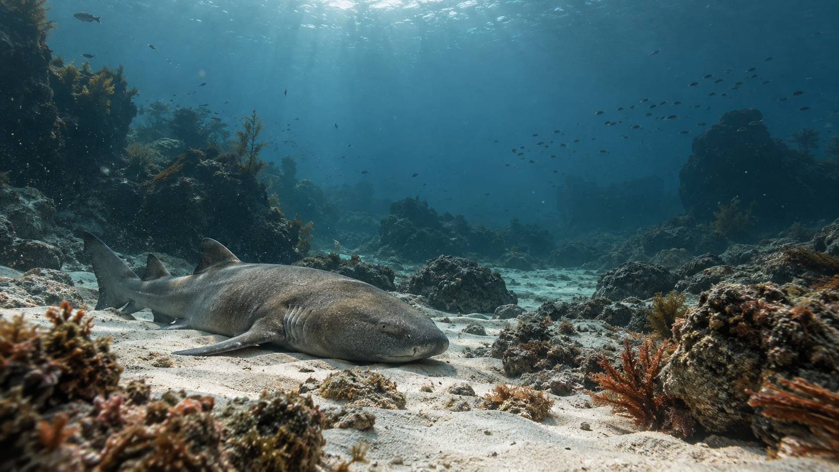 Requin dormeur pose sur un fond sableux couvert d'algues en eau claire