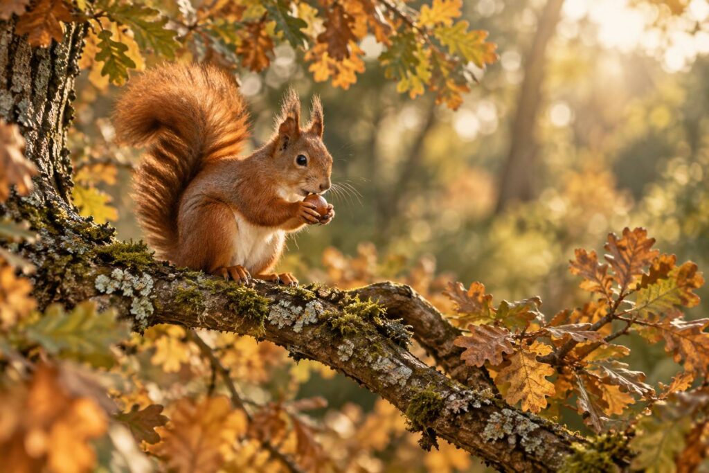 Écureuil roux tenant une noisette sur une branche de chêne en sous-bois