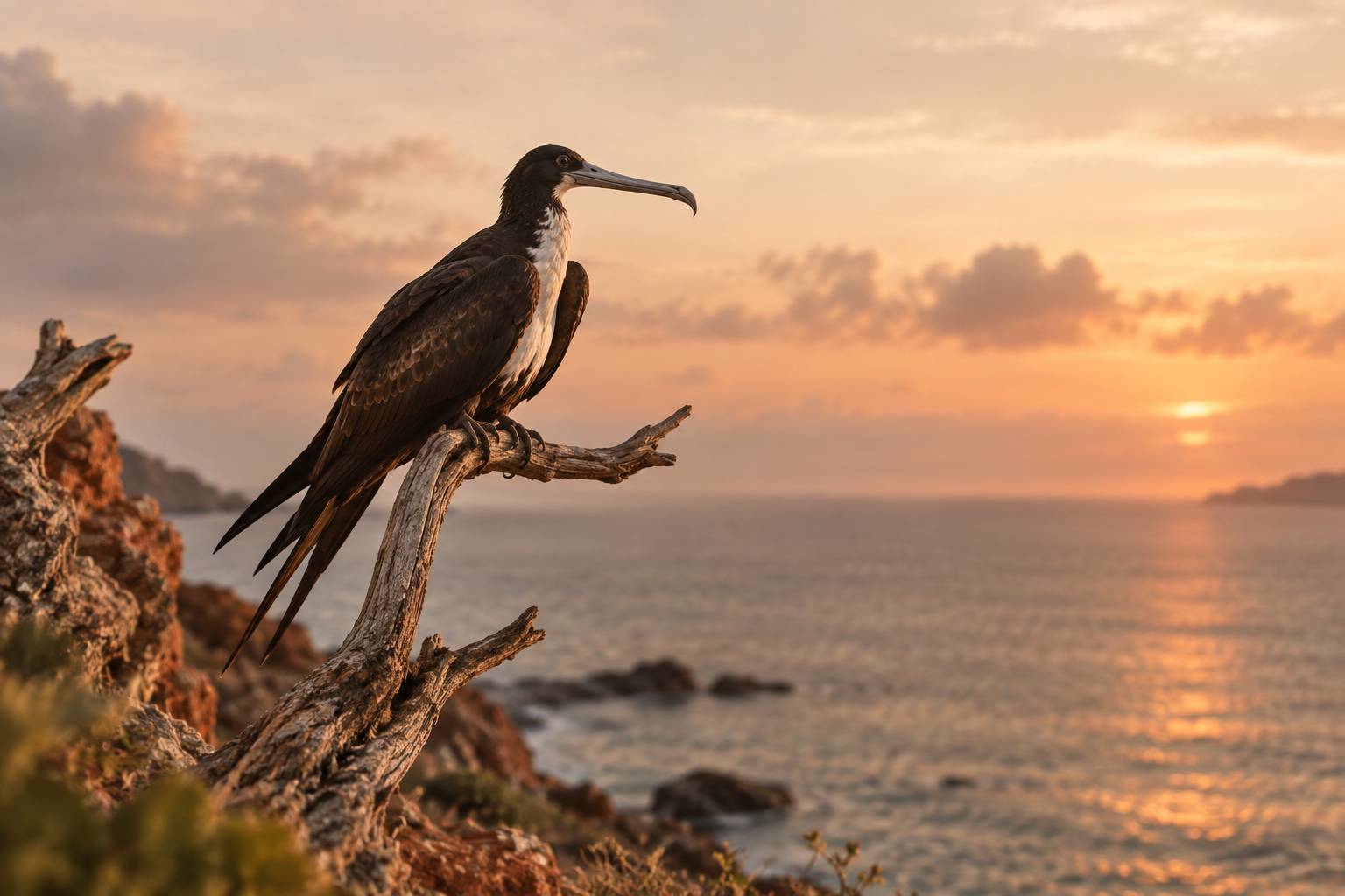 Grand oiseau marin tropical au bec recourbé posé sur une branche morte en bord de mer