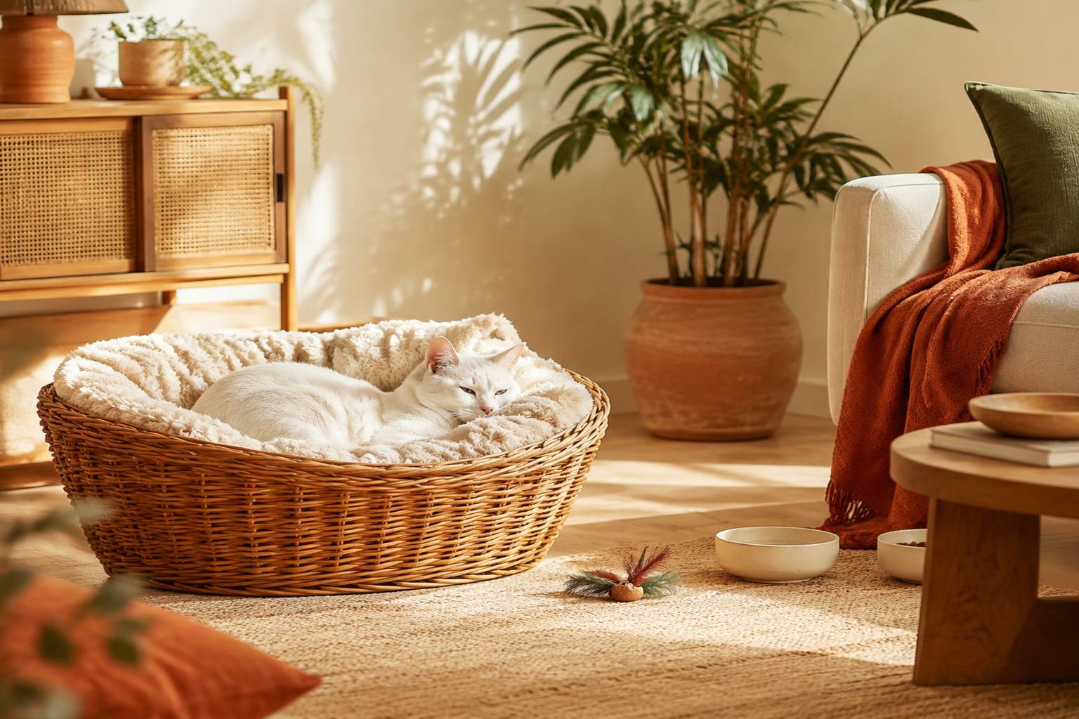 Chat blanc blotti dans un panier en osier dans un salon clair