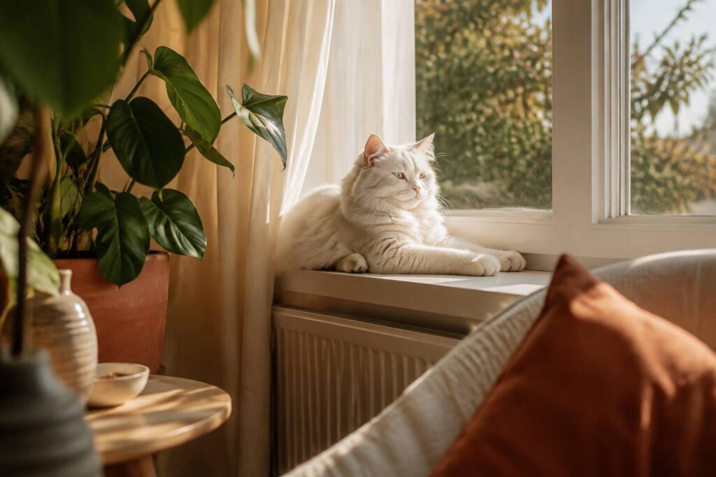 Chat blanc allongé sur un rebord de fenêtre dans la lumière dorée du matin