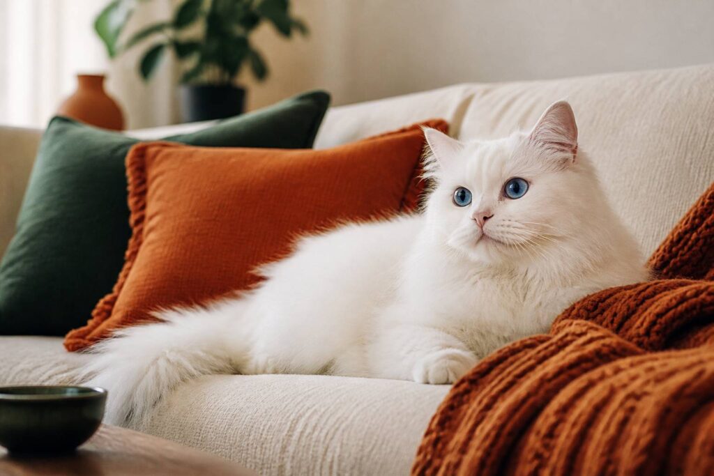 Chat blanc à poils longs aux yeux bleus posé sur un canapé