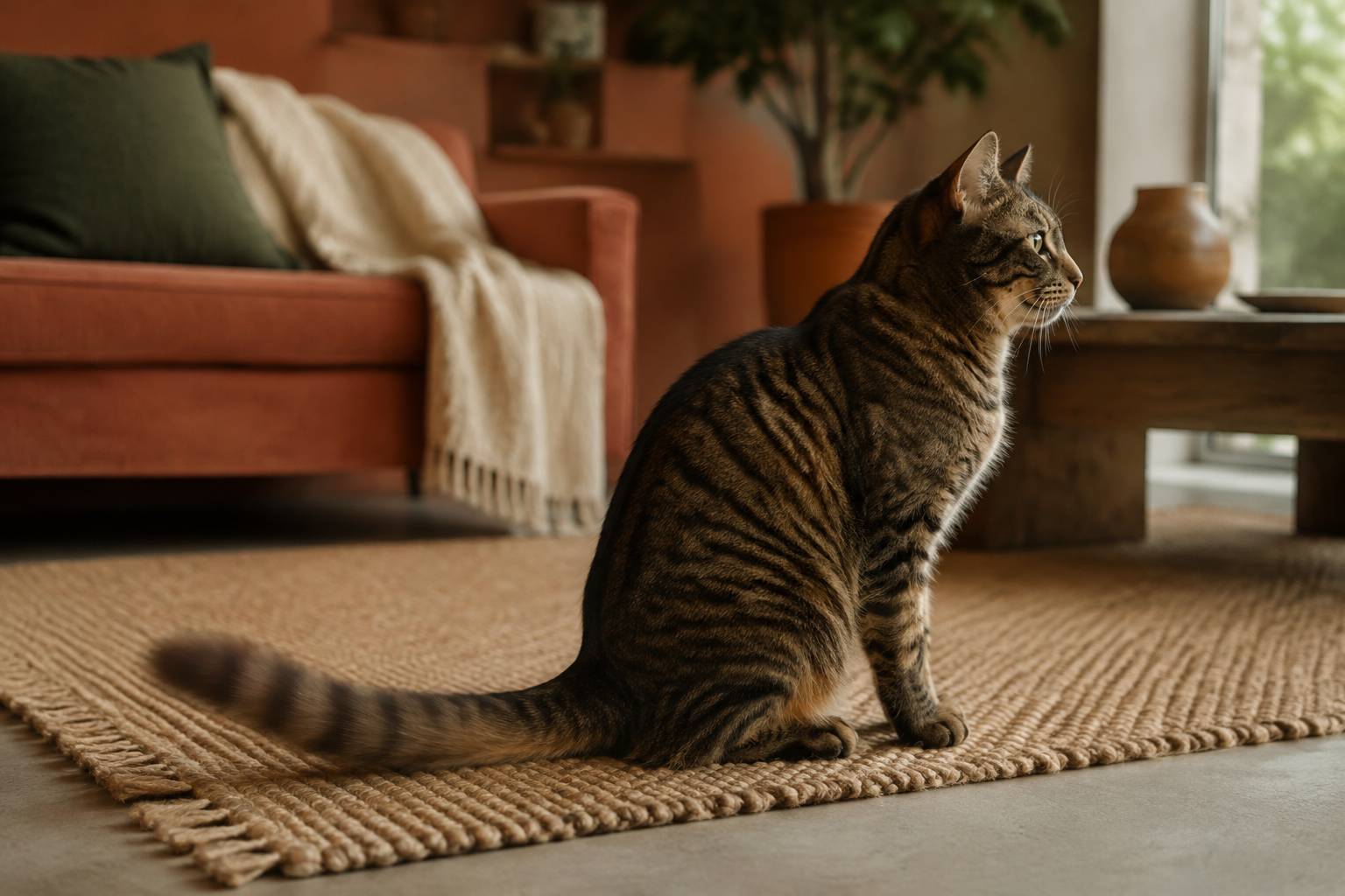 Chat tigré assis de profil la queue en mouvement sur le sol